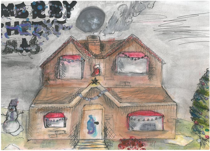 christmas card designed by Molly aged 10 of a house with a snowman